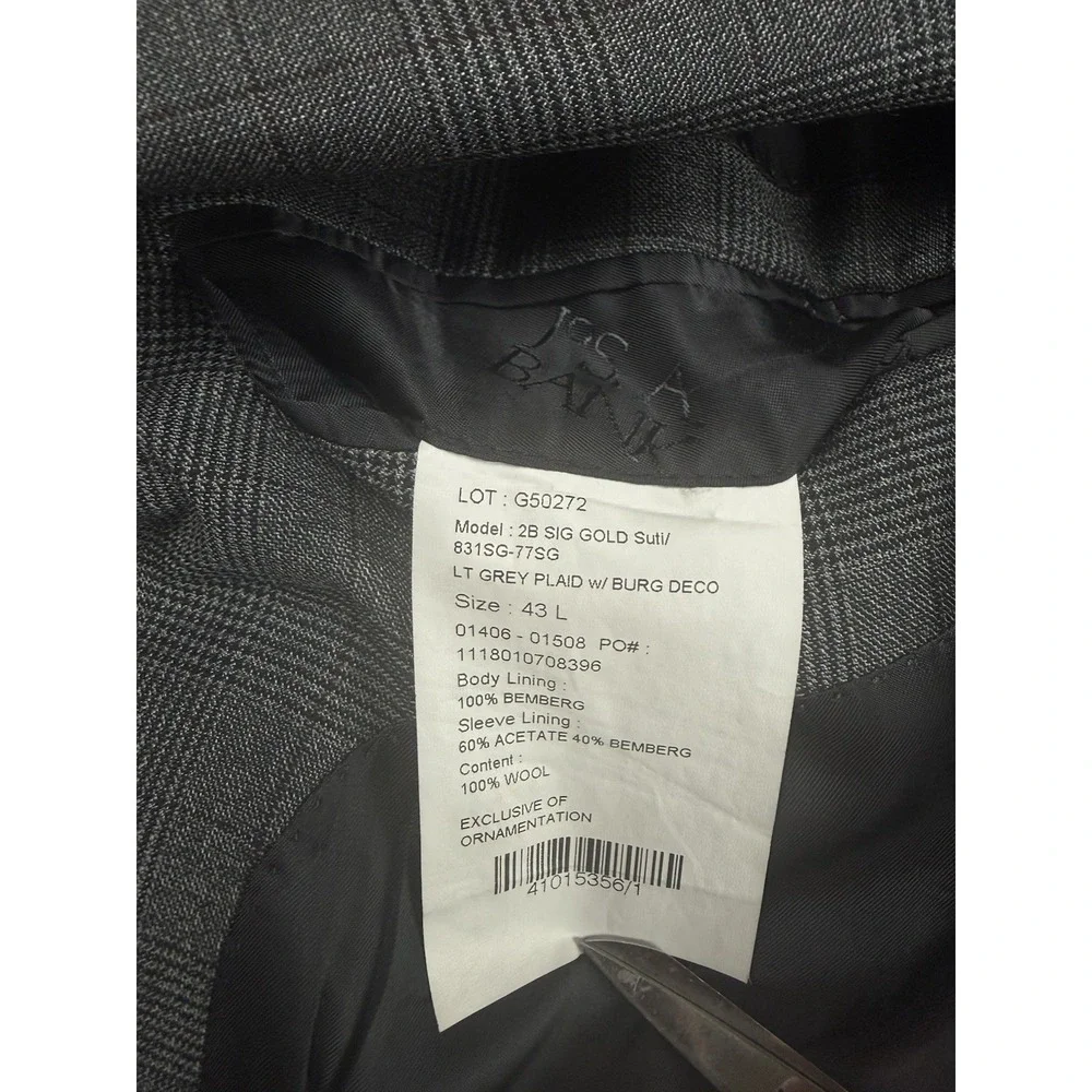 JOS. A. BANK 43L Gray Glen Plaid 100% Wool Suit Jacket Burgundy Windowpane